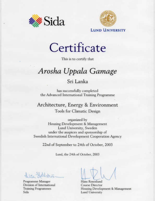 Certificate in Architecture, Energy & Environment 2003